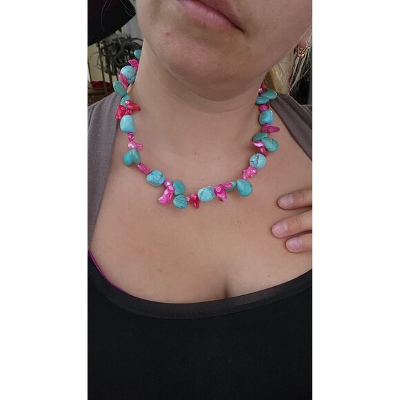 Hand Made Artisan Genuine Turquoise Blue Stone  Pink Baroque Pearls 18" NECKLACE - Picture 8 of 10